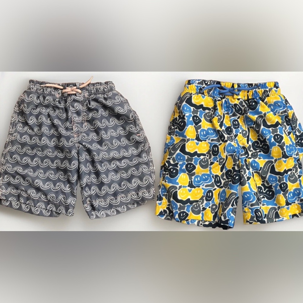 Kids Swim Trunks - Gray Wave & Yellow Blue Smiley Print